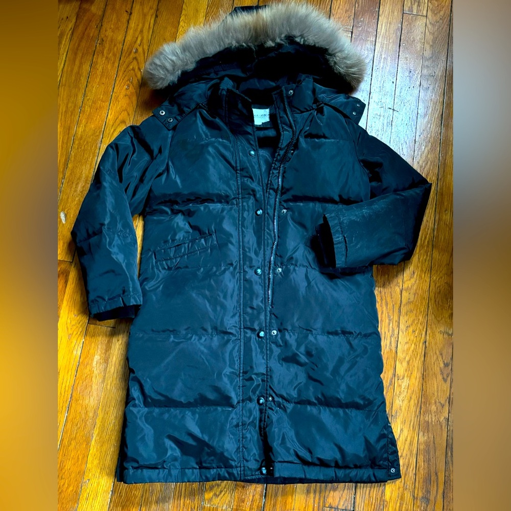 Black long Puffer jacket , long down Coat with Fur Hood, Girls’s Casual Full Zip